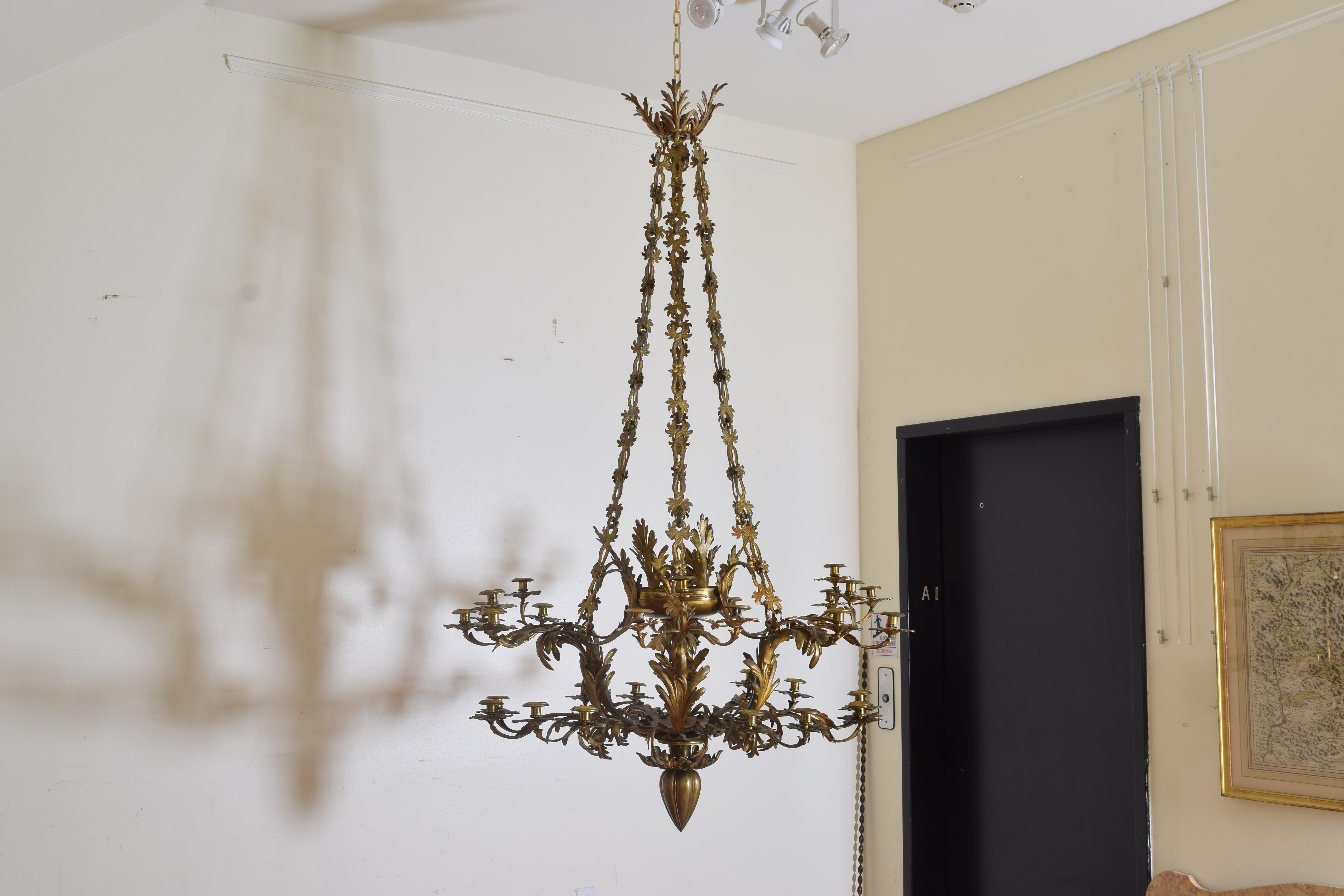 19th Century Italian, Apulia, Late Neoclassical Cast and Gilt Brass 30-Light Chandelier