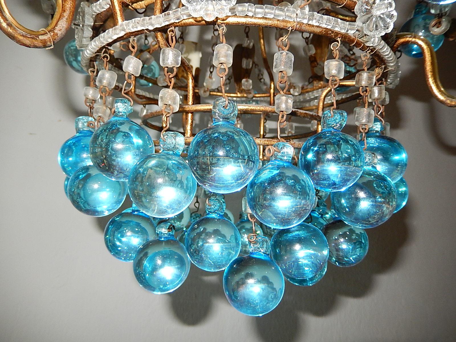 Mid-20th Century Italian Aqua Blue Crystal Beaded Murano Drops Chandelier For Sale