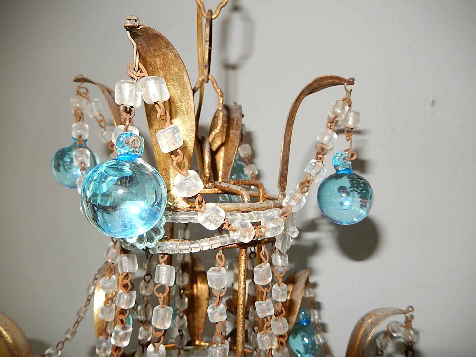 Italian Aqua Blue Crystal Beaded Murano Drops Chandelier For Sale 2
