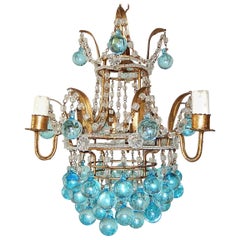 Lustre italien à gouttes de Murano en cristal bleu aquatique perlé