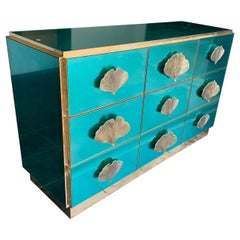 Italian Aqua Green Mirrored Chest of Drawers with Brass Coral Shaped Handles