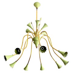 Vintage Italian aquamarine & brass Mid Century modern 15-light chandelier