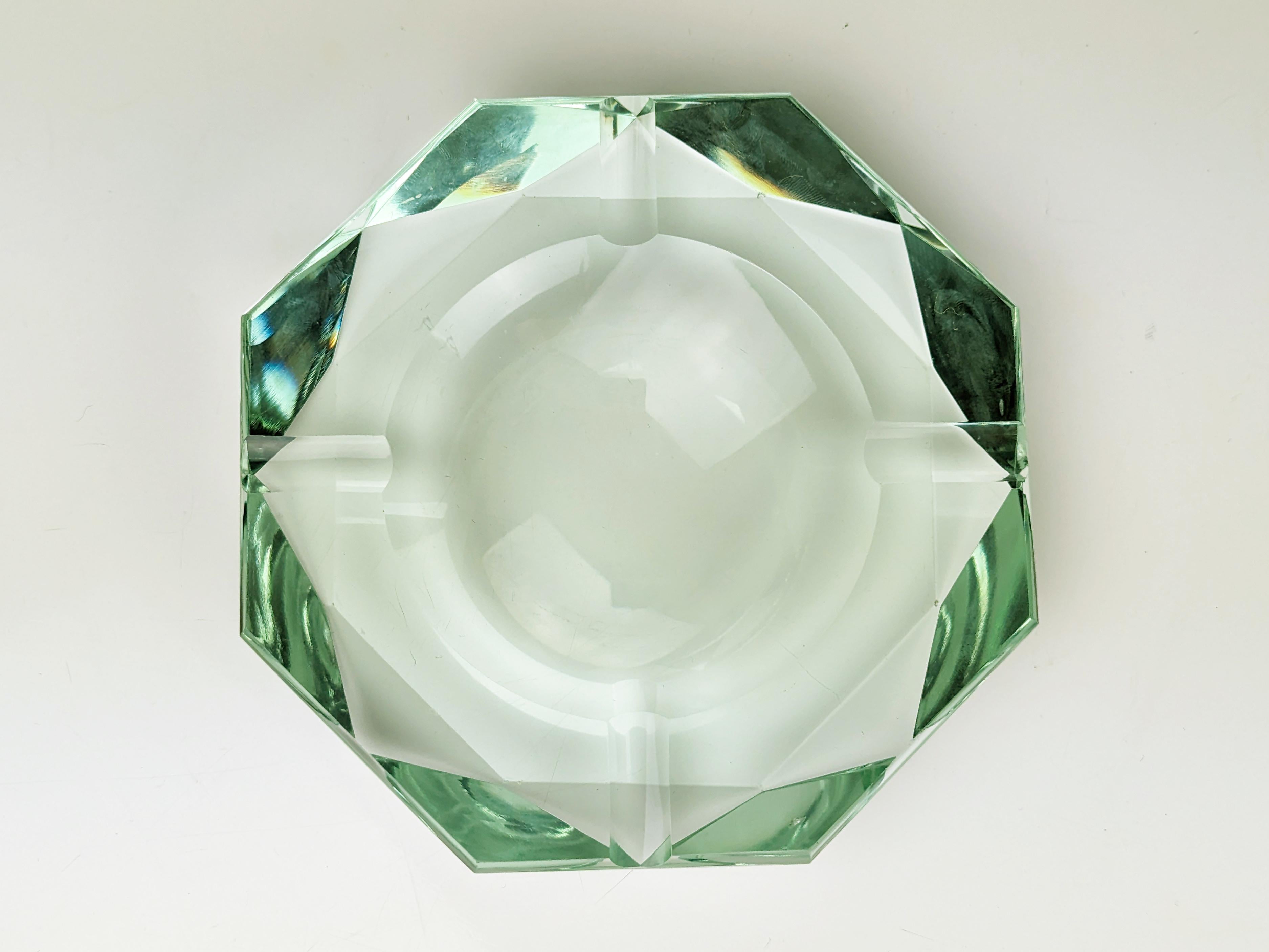 Space Age Italian aquamarine faceted glass ashtray in the manner of Fontana Arte, 1960s For Sale