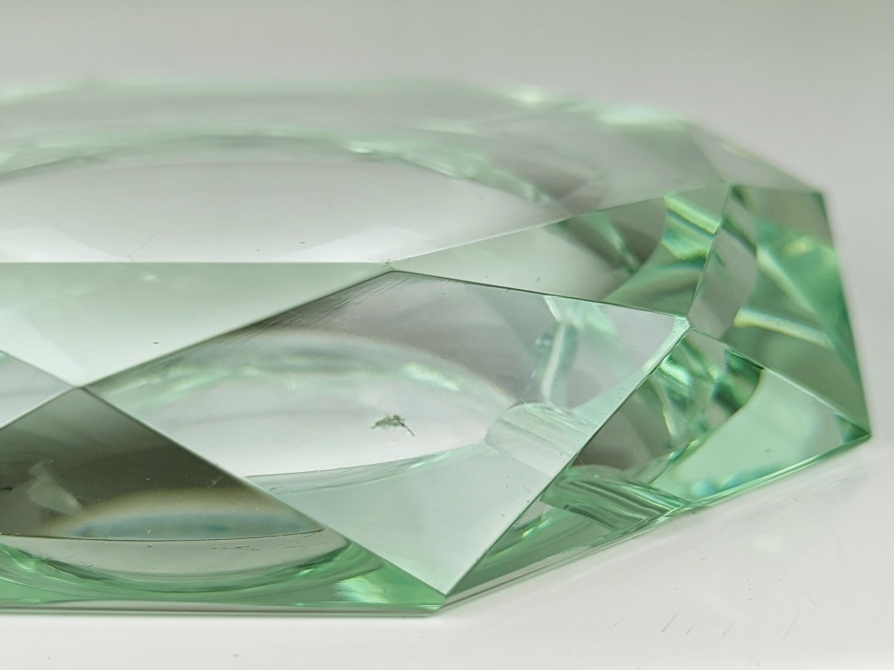 Faceted Italian aquamarine faceted glass ashtray in the manner of Fontana Arte, 1960s For Sale