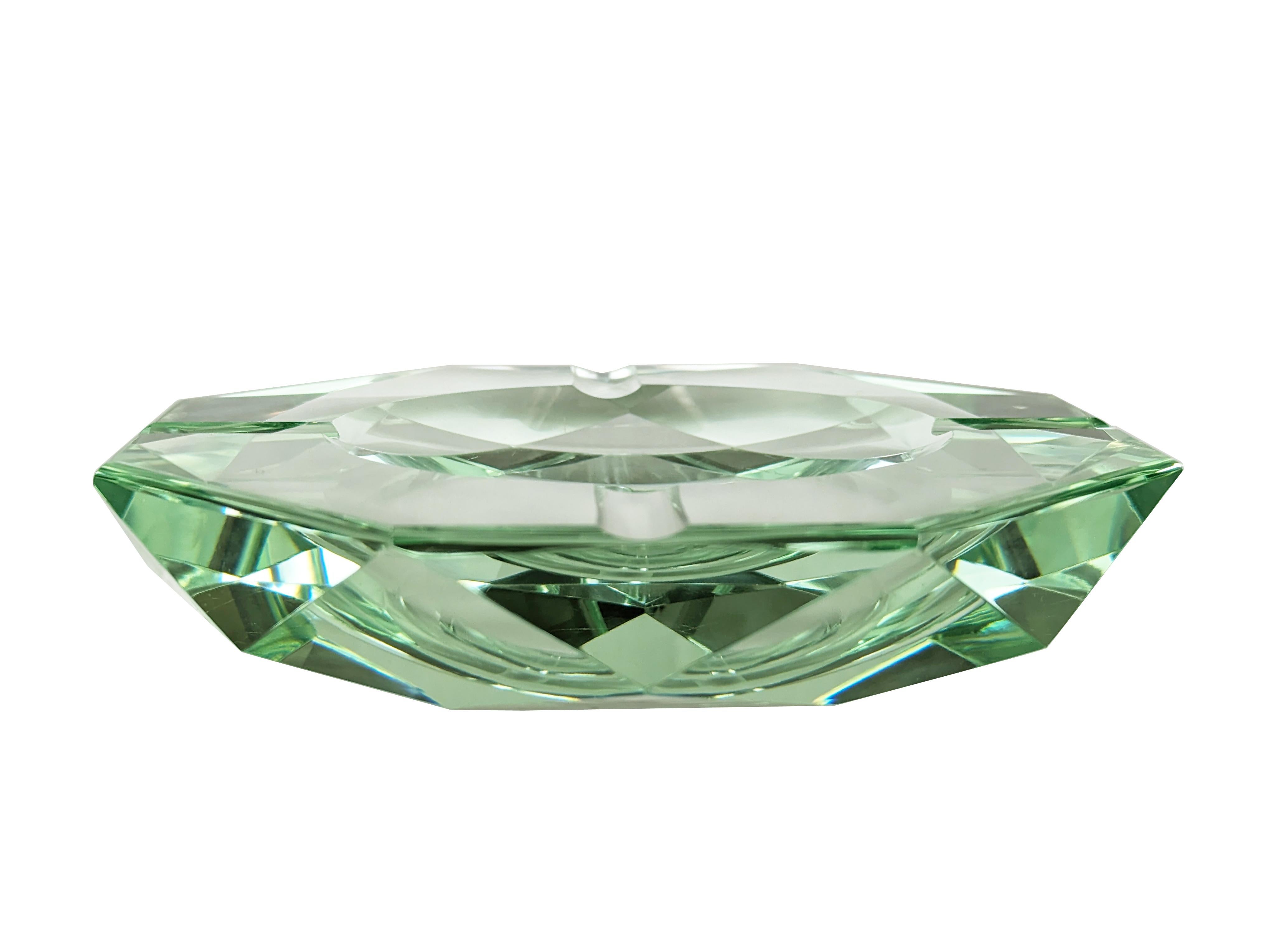 Mid-20th Century Italian aquamarine faceted glass ashtray in the manner of Fontana Arte, 1960s For Sale