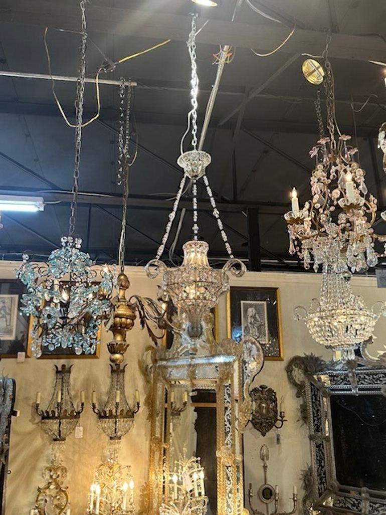 Early 20th century Italian beaded crystal and aquamarine pendant light. Circa 1920. The chandelier has been professionally rewired, comes with matching chain and canopy. It is ready to hang!