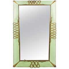 Italian Aquamarine Perforated Sheet and Brass Decoration 1940s Wall Mirror