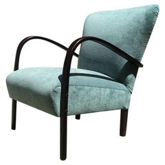 Italian Aquamarine Velvet and Dark Wood Armchair, 1950s