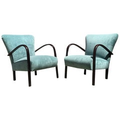 Italian Aquamarine Velvet and Dark Wood Couple of Armchairs, 1950s