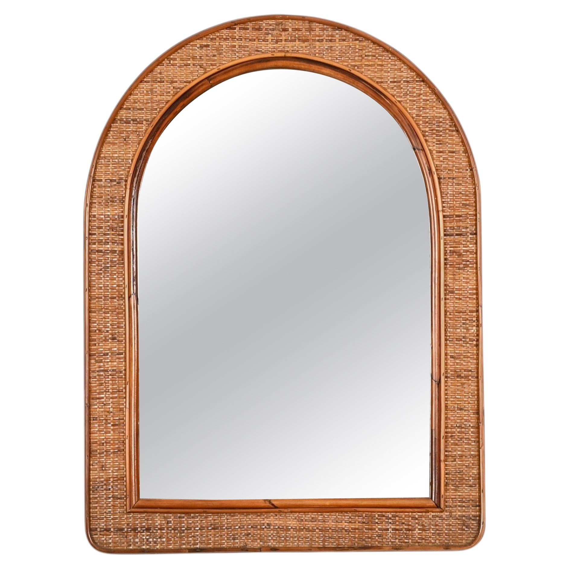 Italian Arch Mirror in Bamboo and Woven Wicker, 1970s For Sale