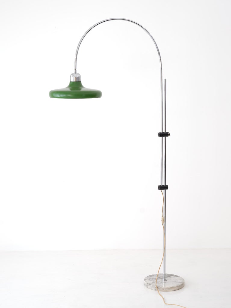 Italian Arched Floor Lamp in Chromed Steel with Green Shade and Marble