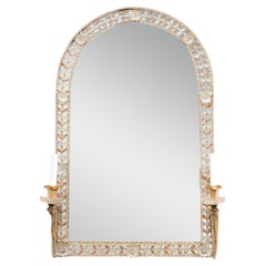 Italian Arched Glass-Bead Mirror w/Pair Wired Light Sconces Flanking Bottom