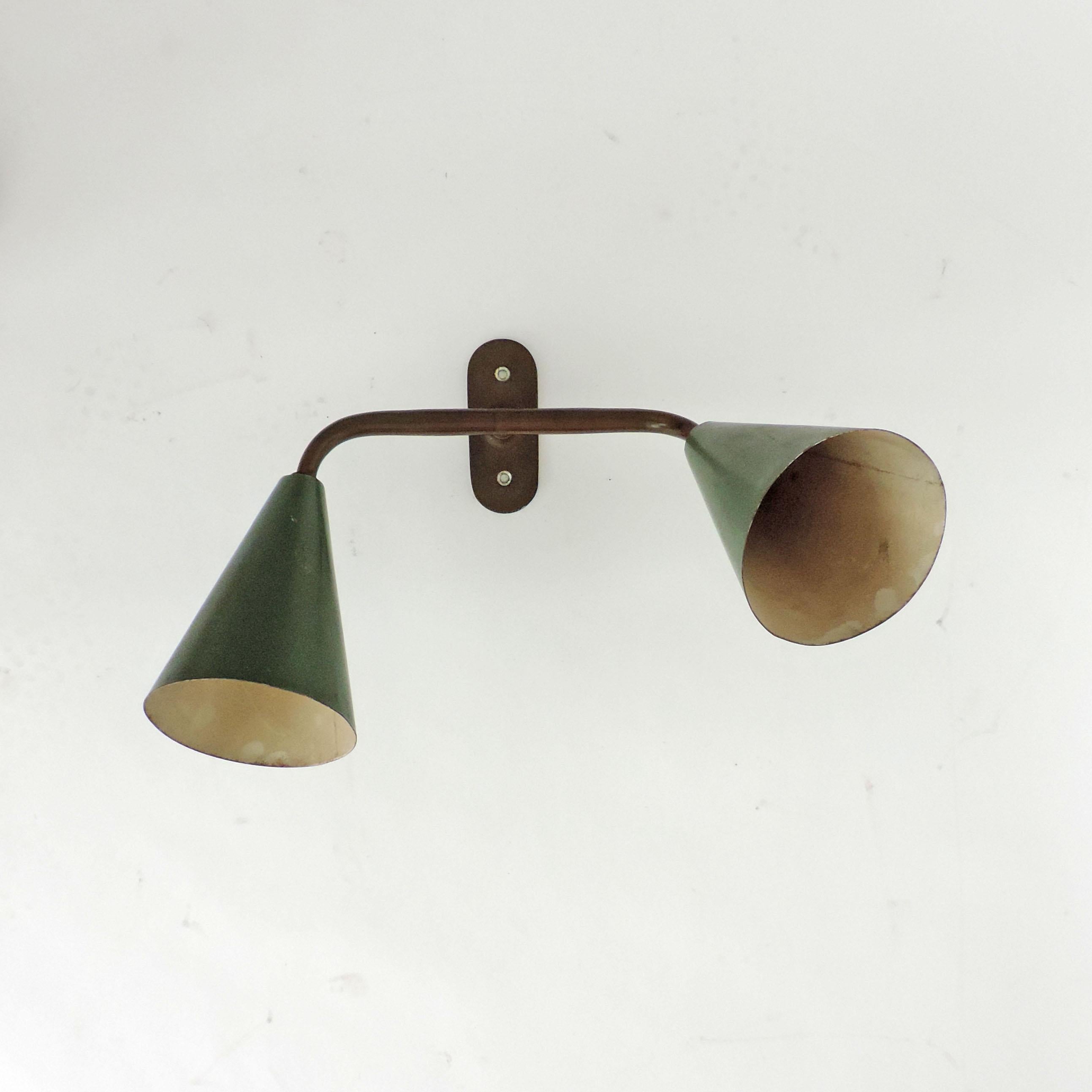 Italian Architect 1940s Double Cone Wall Lamp in Burnished Brass and Green painted Metal.