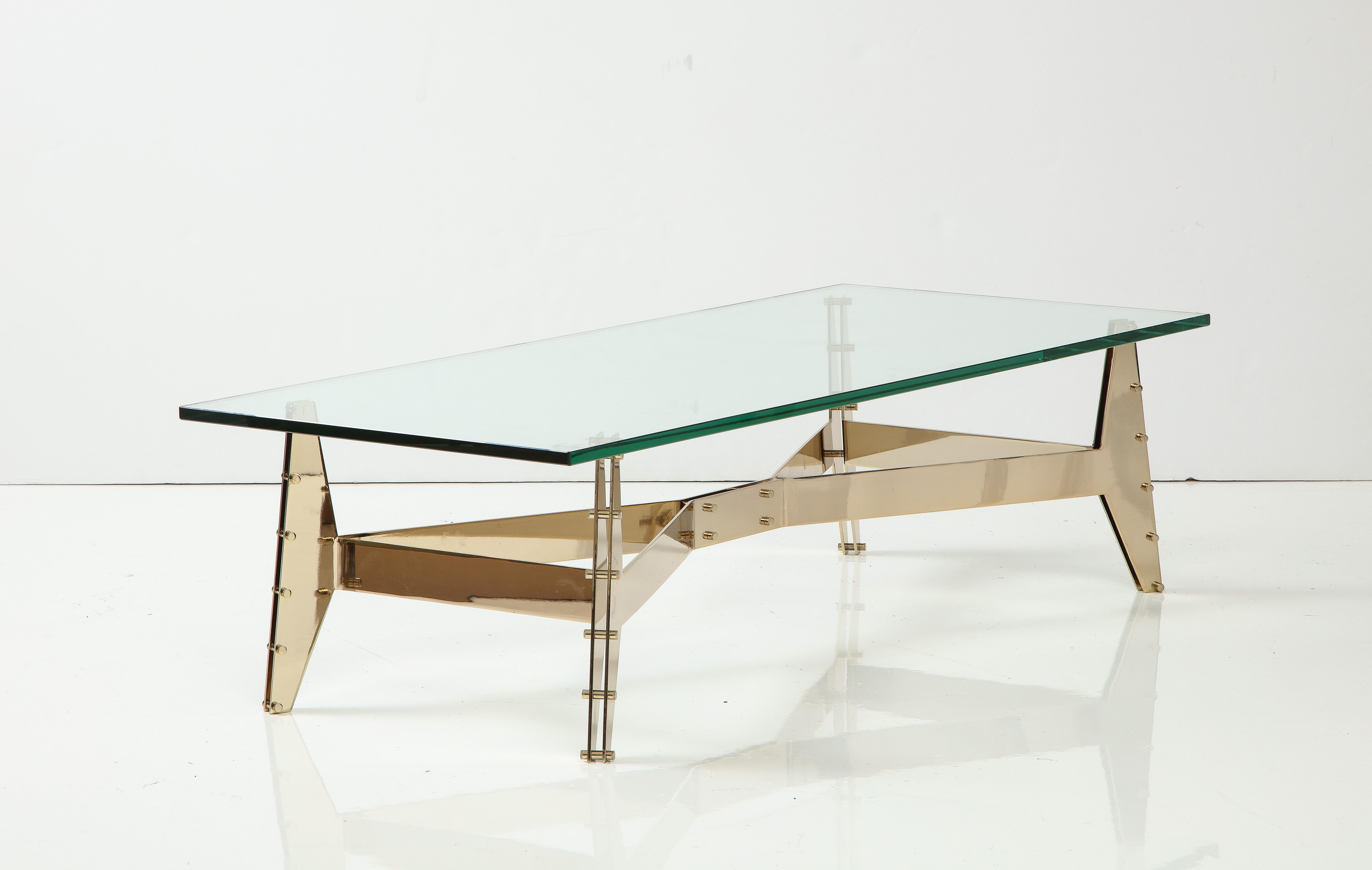 Contemporary Italian Architectural Base Modernist Coffee Table with Glass Top For Sale