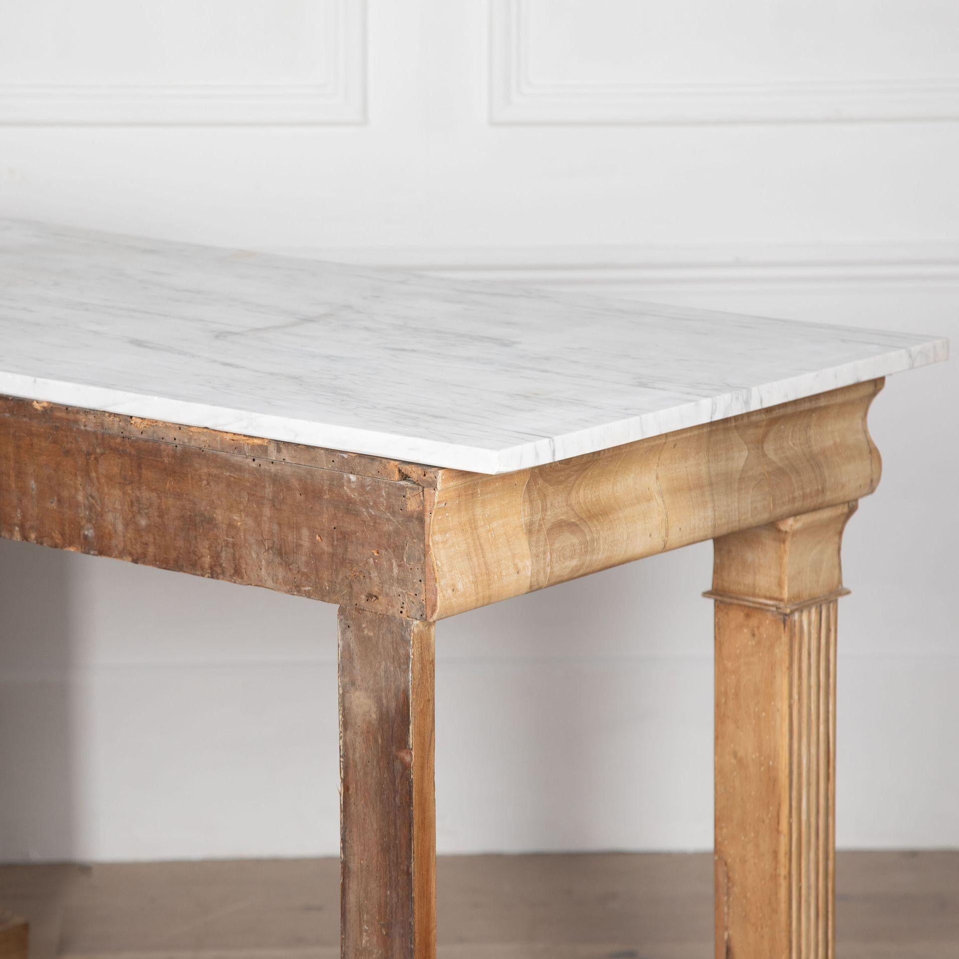 A fantastic early 19th Century Italian bleached walnut architectural console table with original Carrara marble top.