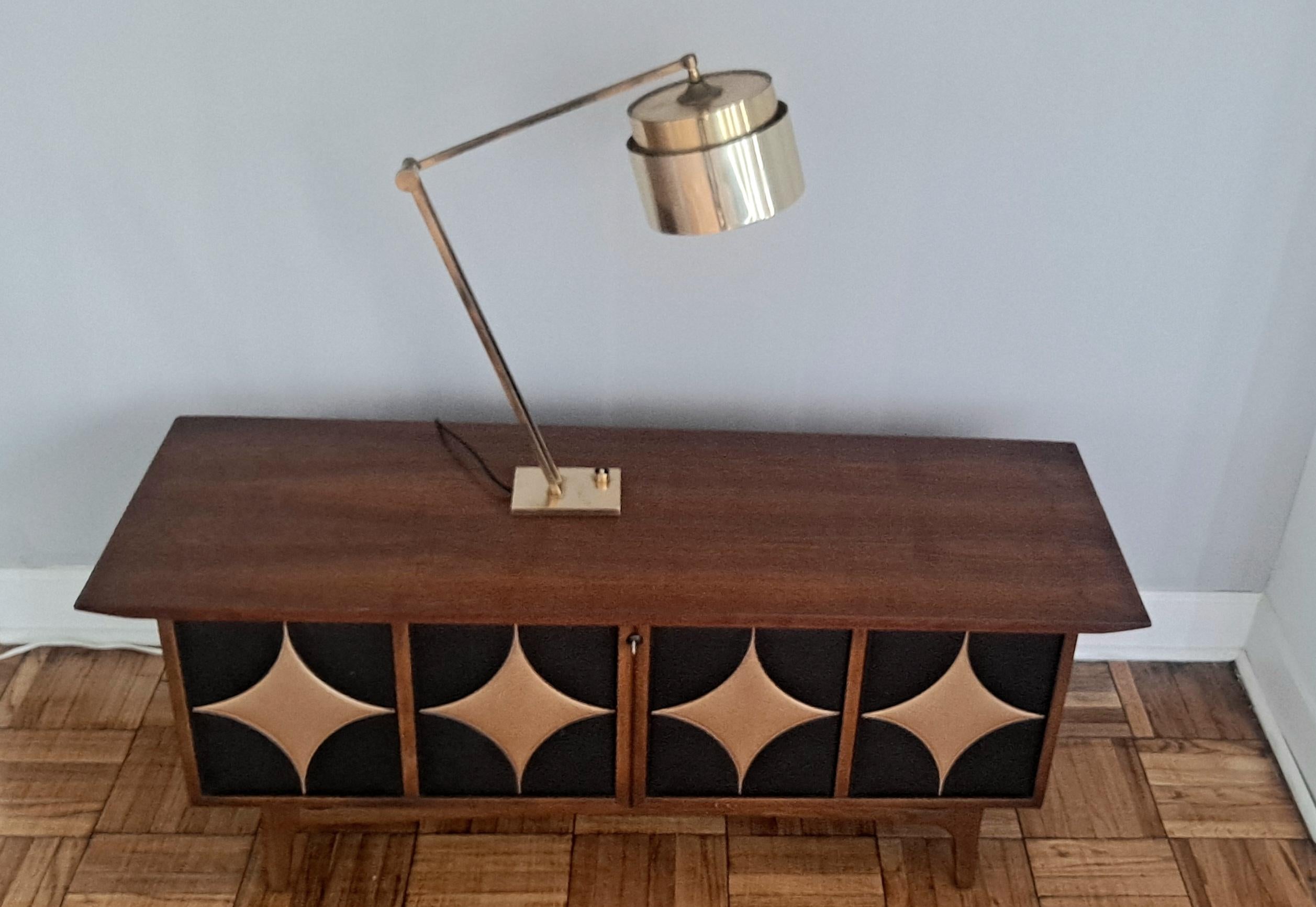 Italian brass table - desk lamp, sign on the base as shown on the photos. Pivoting neck of the lamp It will change the height of the shade. Desk lamp have 2 heights the higher is 31 inches and the presented one is 20 inches.