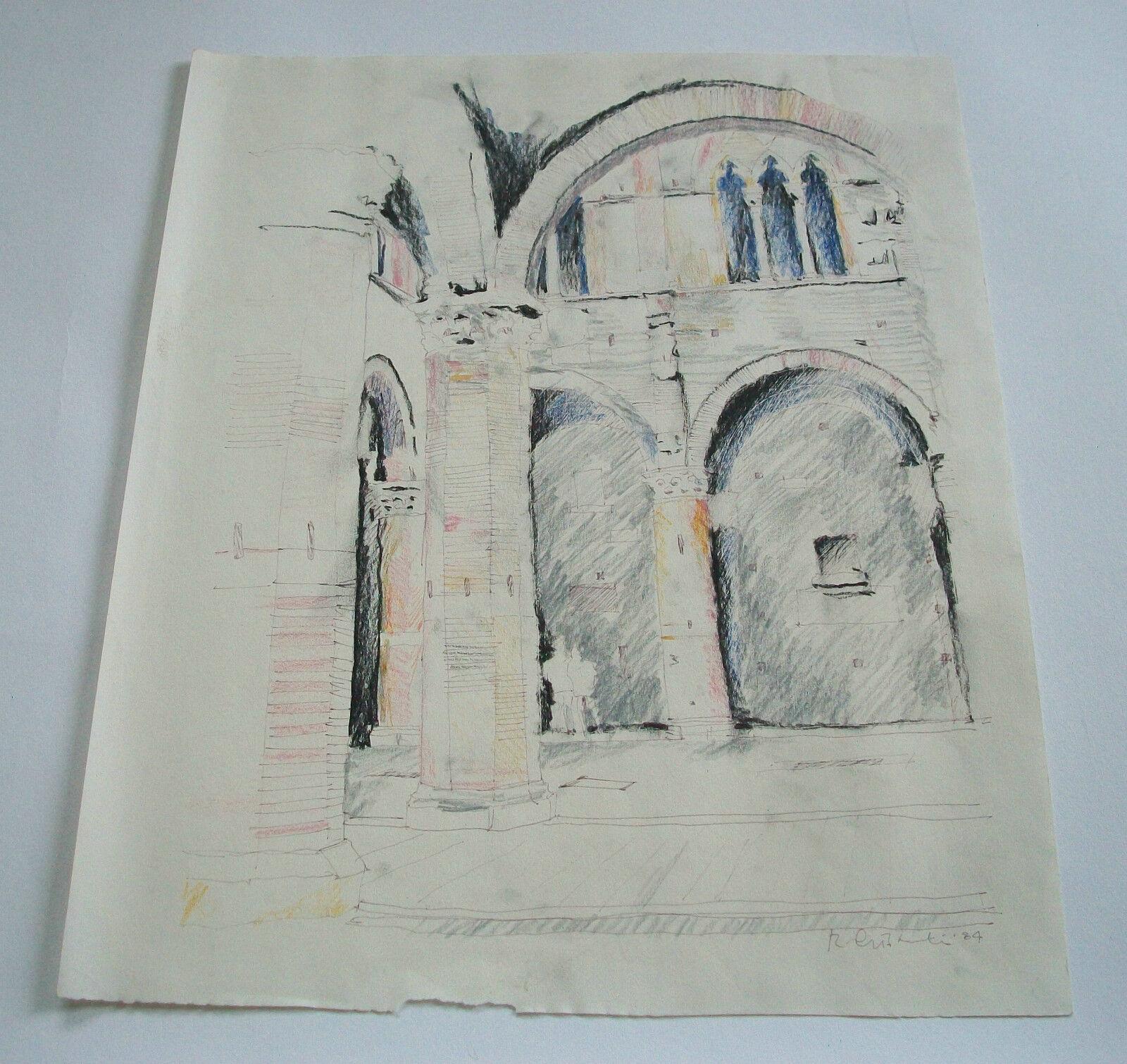 Italienische architektonische Mixed-Media-Zeichnung in Mischtechnik auf Papier - signiert - ungerahmt - ca. 1984 im Angebot 4