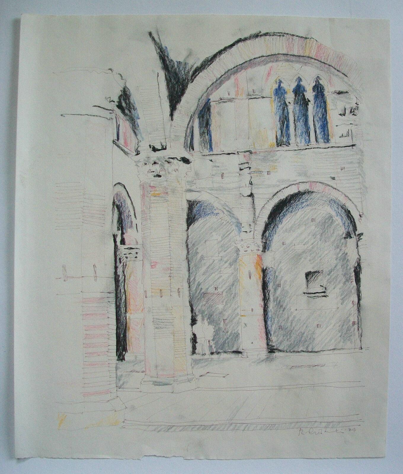 Italian Architectural Mixed Media Drawing on Paper - Signed - Unframed - C. 1984 For Sale 5