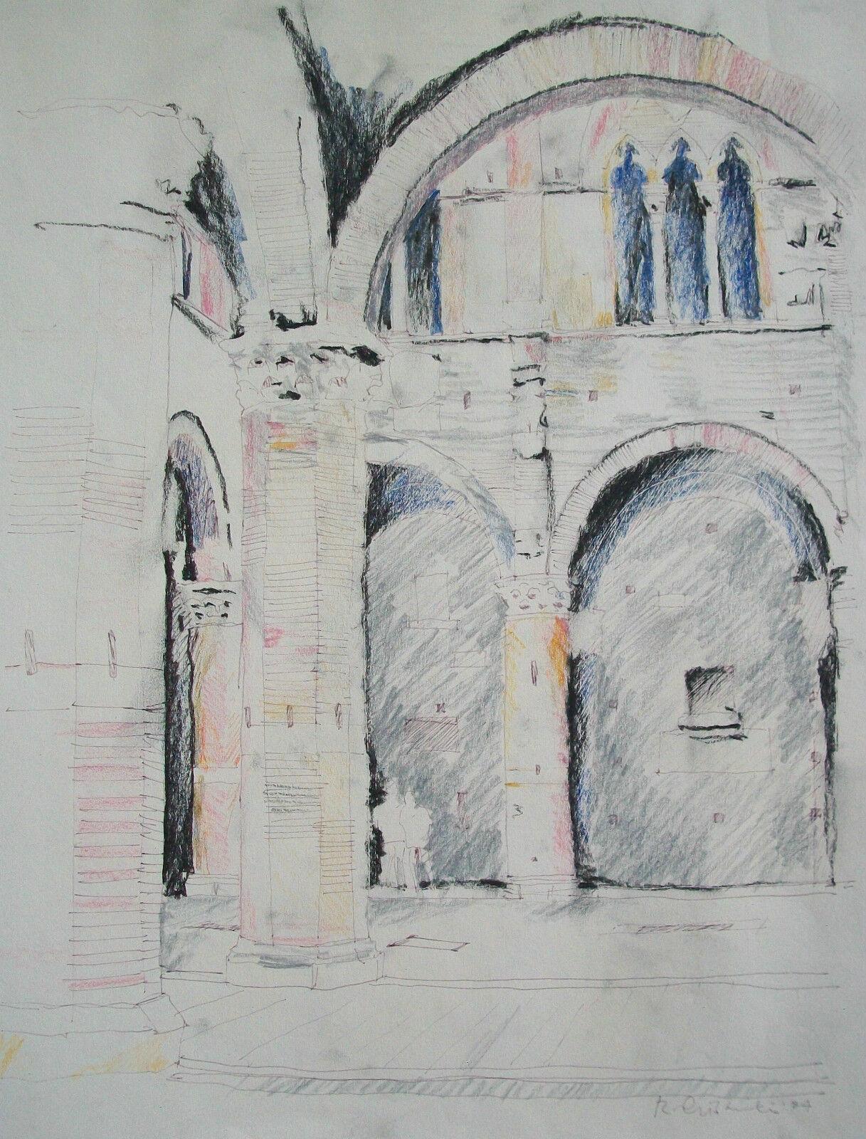 
Vintage Italian architectural mixed media drawing on paper - indistinctly signed & dated lower right - unframed - Italy - circa 1984.

Good vintage condition - minor paper loss to bottom edge (as photographed) - no restoration - smudges as intended