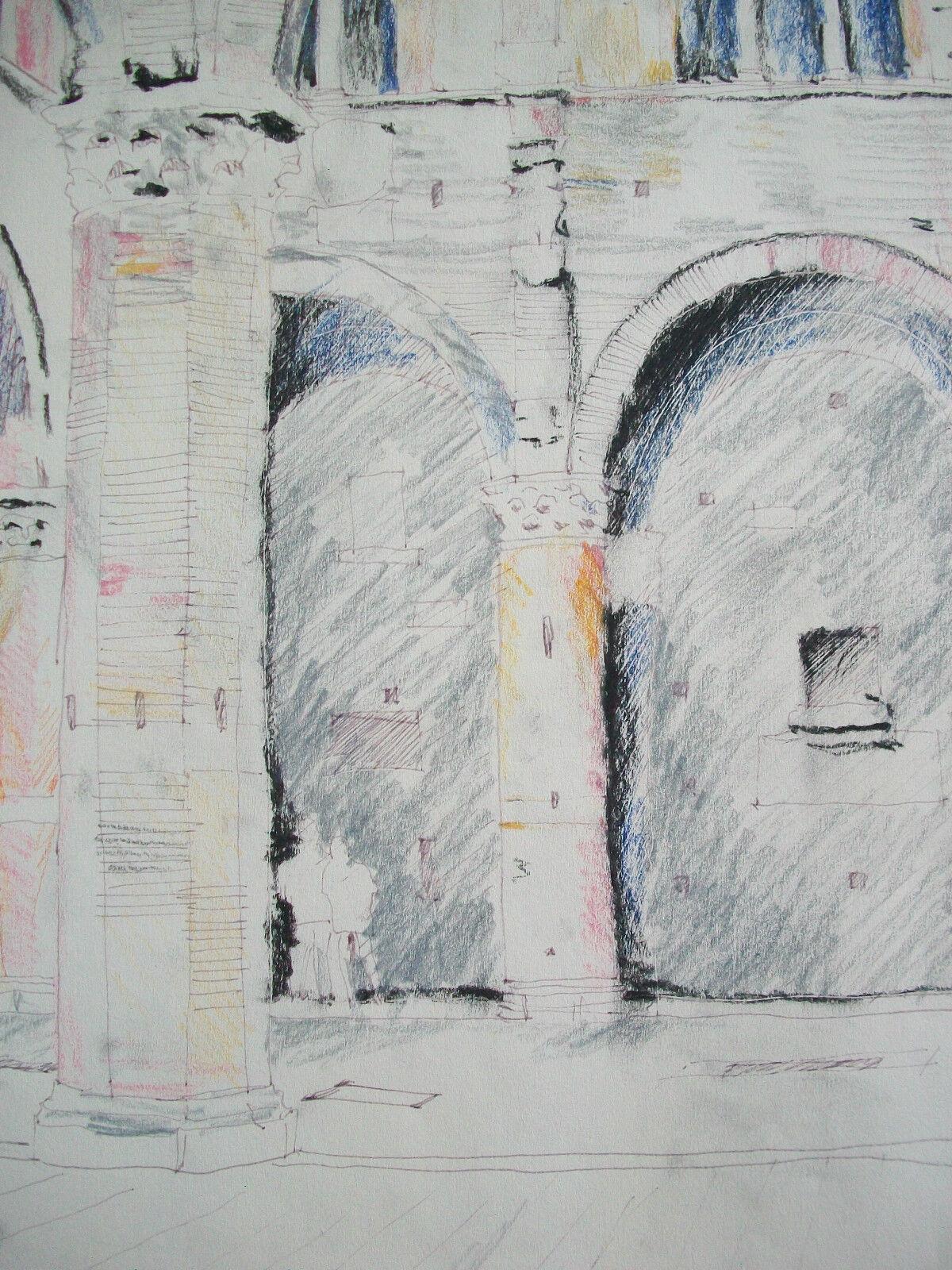 Modern Italian Architectural Mixed Media Drawing on Paper - Signed - Unframed - C. 1984 For Sale