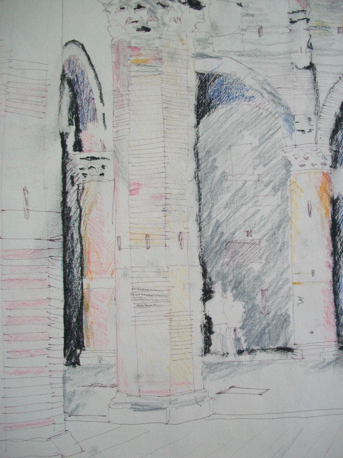 Hand-Crafted Italian Architectural Mixed Media Drawing on Paper - Signed - Unframed - C. 1984 For Sale