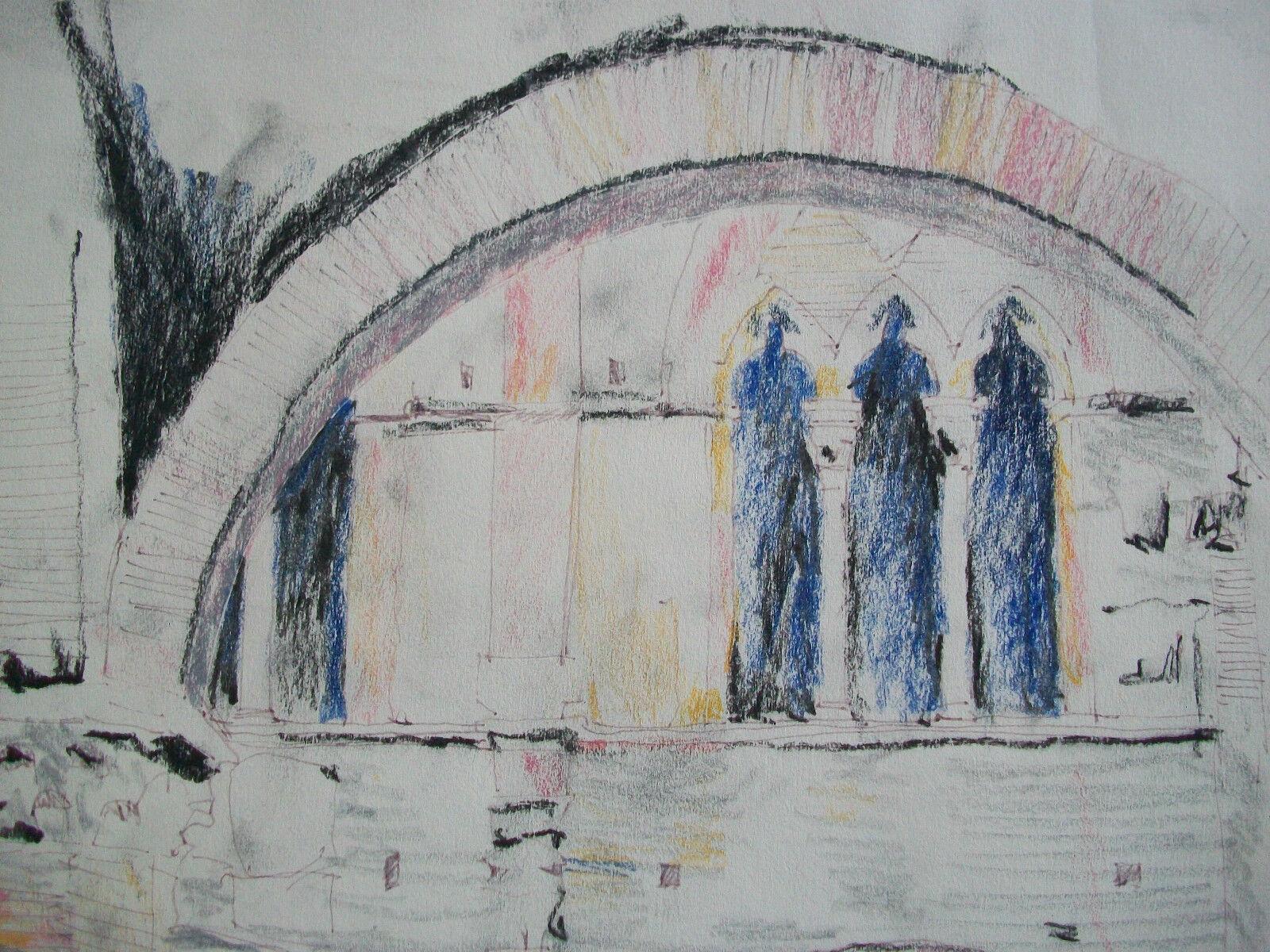 Italian Architectural Mixed Media Drawing on Paper - Signed - Unframed - C. 1984 In Good Condition For Sale In Chatham, ON