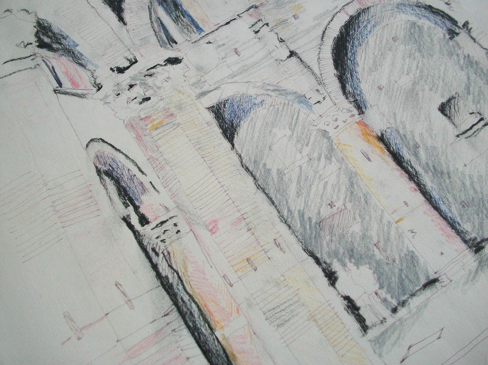 20th Century Italian Architectural Mixed Media Drawing on Paper - Signed - Unframed - C. 1984 For Sale