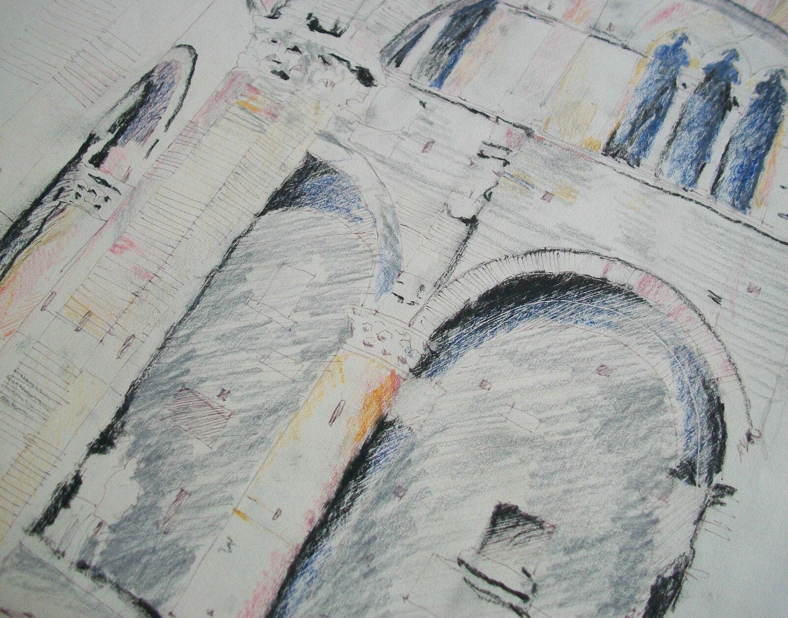 Italian Architectural Mixed Media Drawing on Paper - Signed - Unframed - C. 1984 For Sale 1