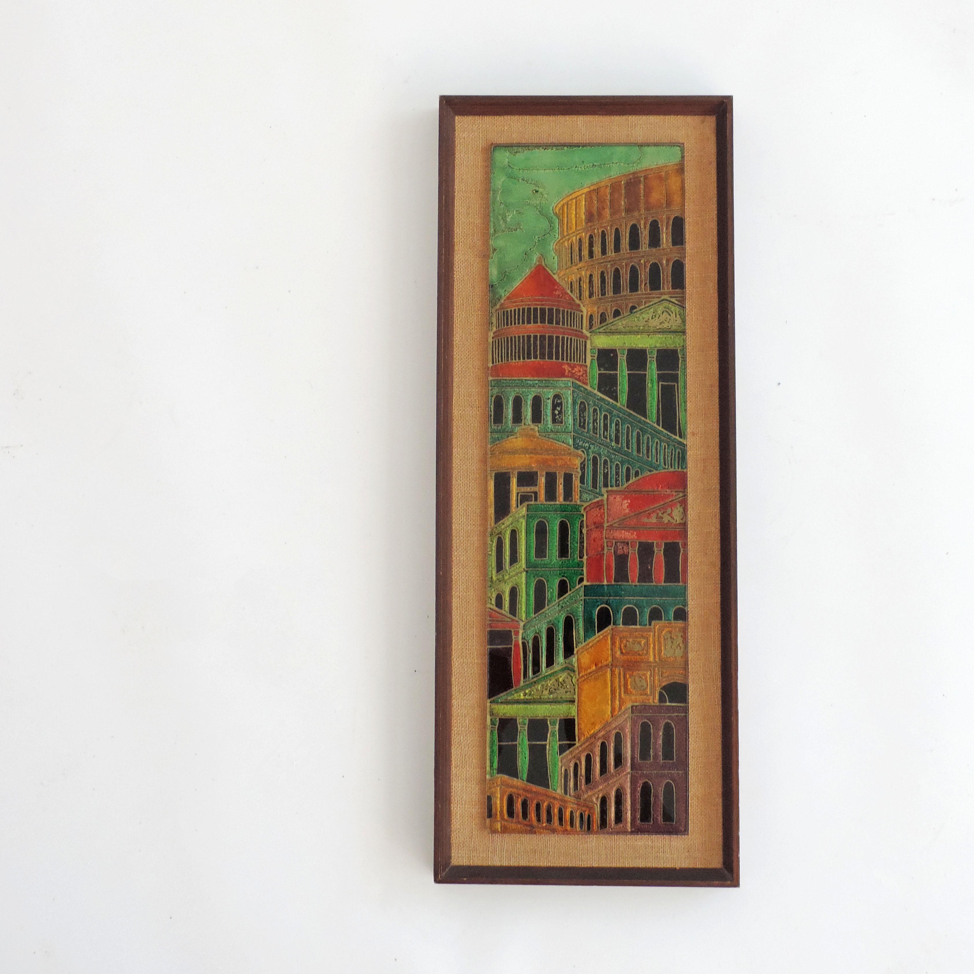Italian metaphysical urban landscape glass panel in a frame.
Multicolored back painted glass.
 