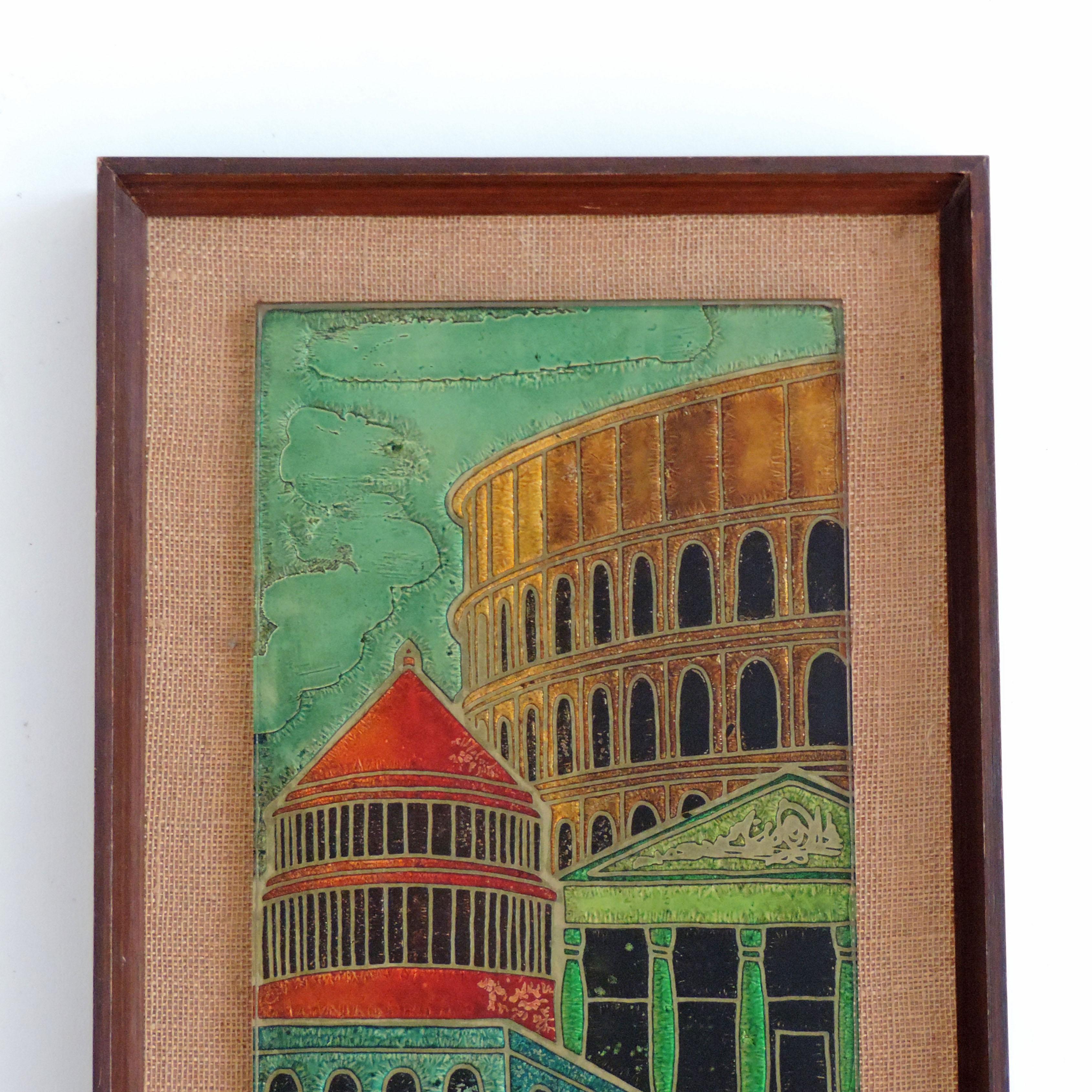 Mid-Century Modern Italian Architectural Urban Landscape in Back Painted Glass on Panel, 1950s For Sale