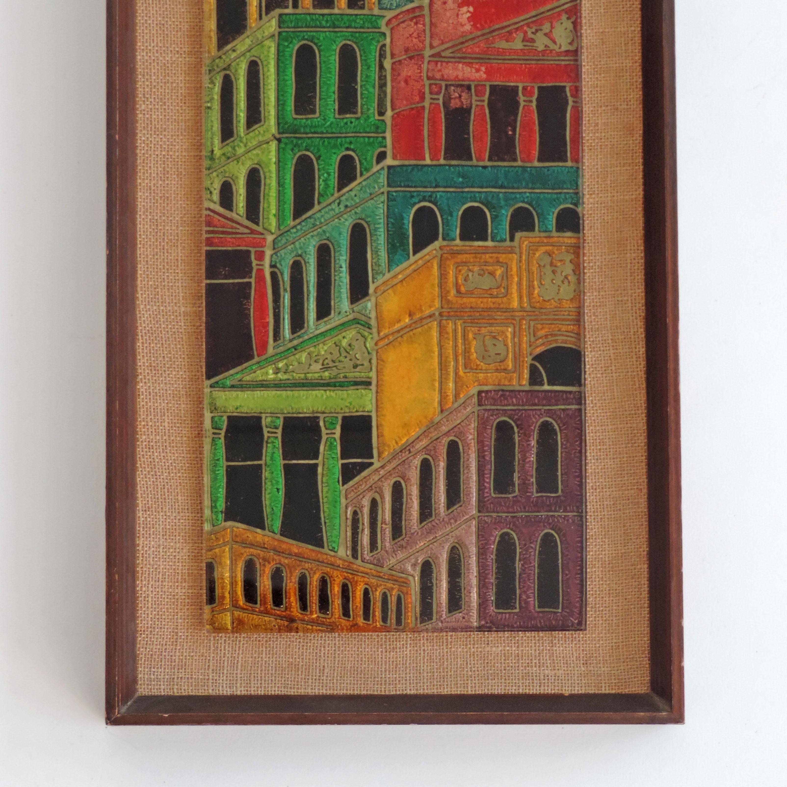 Italian Architectural Urban Landscape in Back Painted Glass on Panel, 1950s In Excellent Condition For Sale In Milan, IT