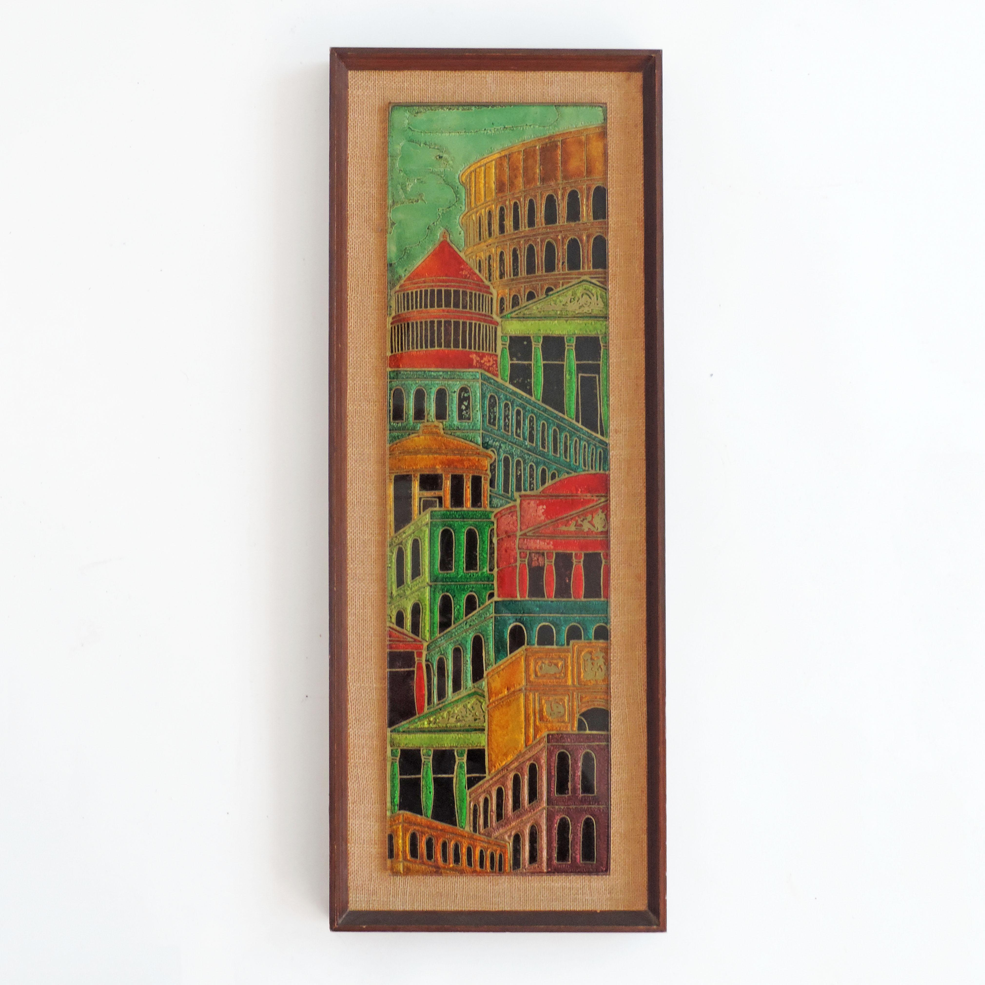 Mid-20th Century Italian Architectural Urban Landscape in Back Painted Glass on Panel, 1950s For Sale
