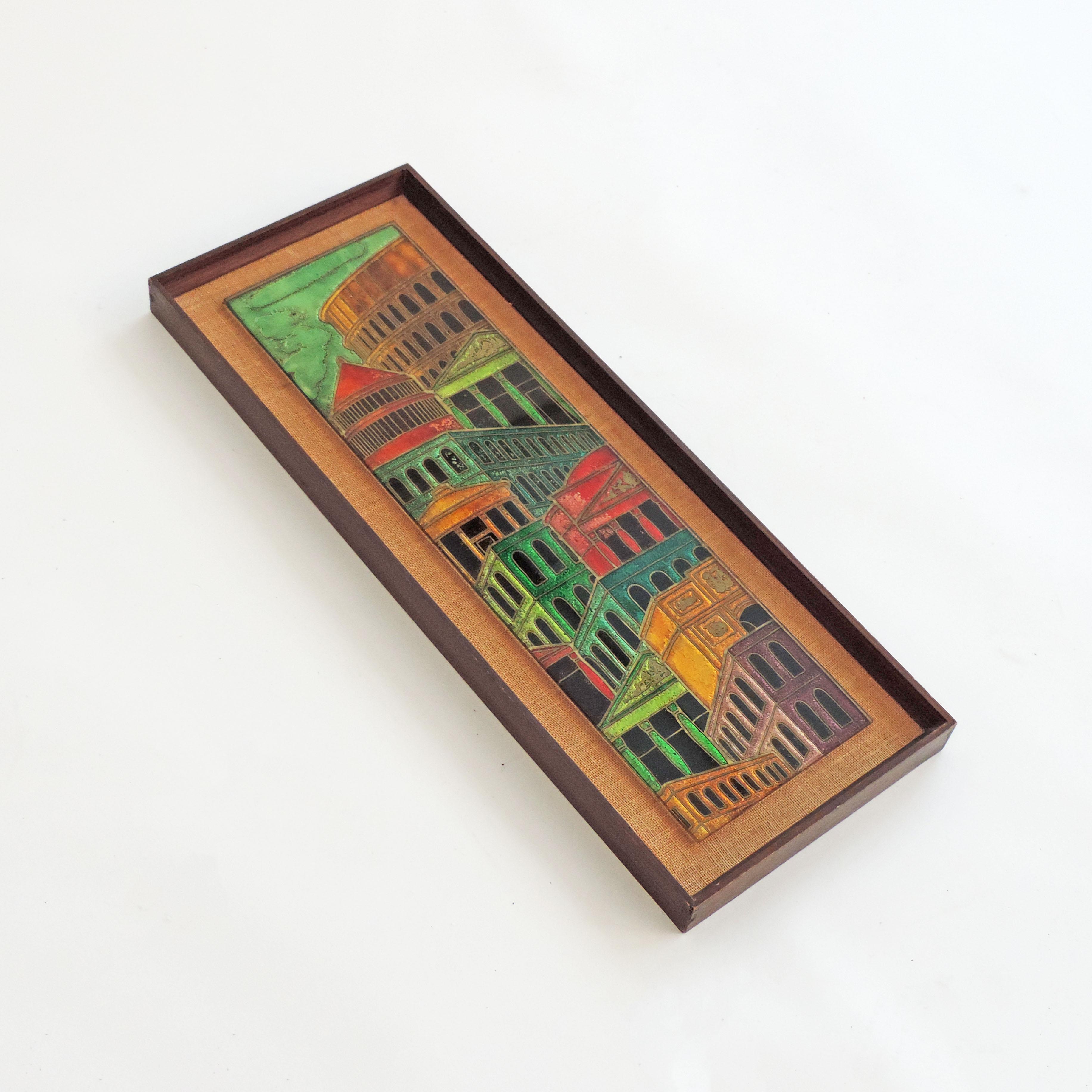 Fabric Italian Architectural Urban Landscape in Back Painted Glass on Panel, 1950s For Sale