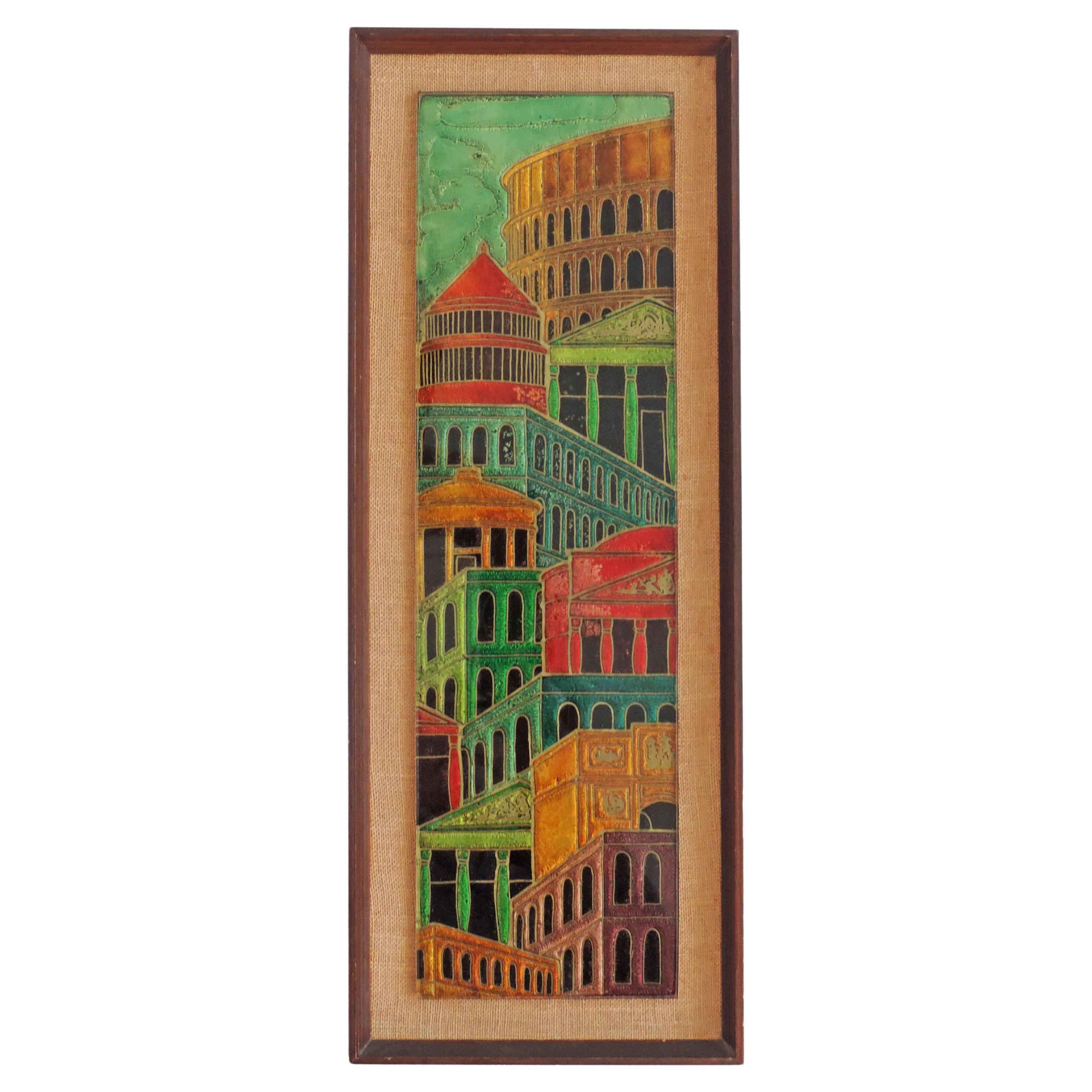 Italian Architectural Urban Landscape in Back Painted Glass on Panel, 1950s