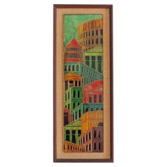 Italian Architectural Urban Landscape in Back Painted Glass on Panel, 1950s