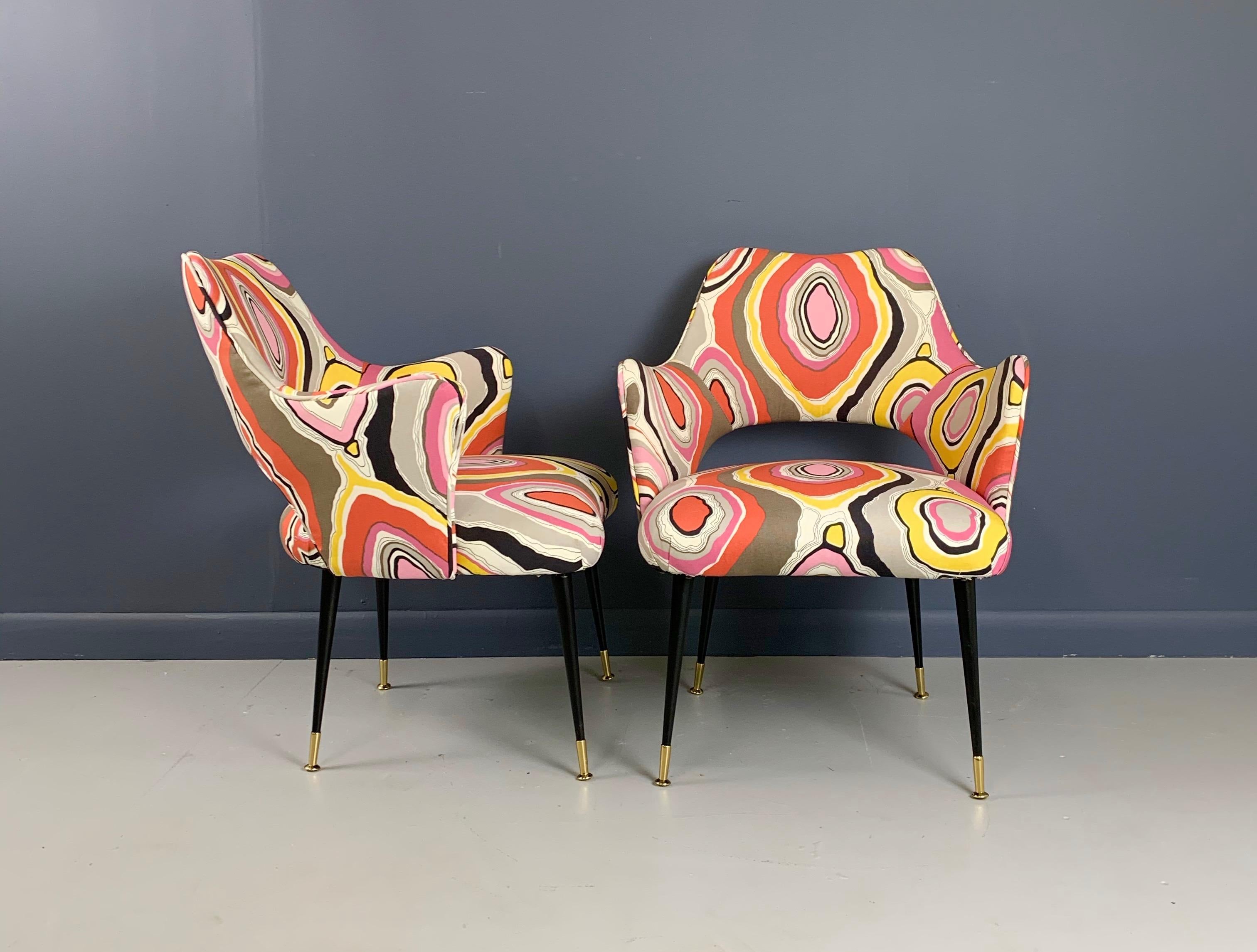 Mid-Century Modern Mid-Century Italian Armchairs with Pucci Style fabric and Brass Feet a Pair