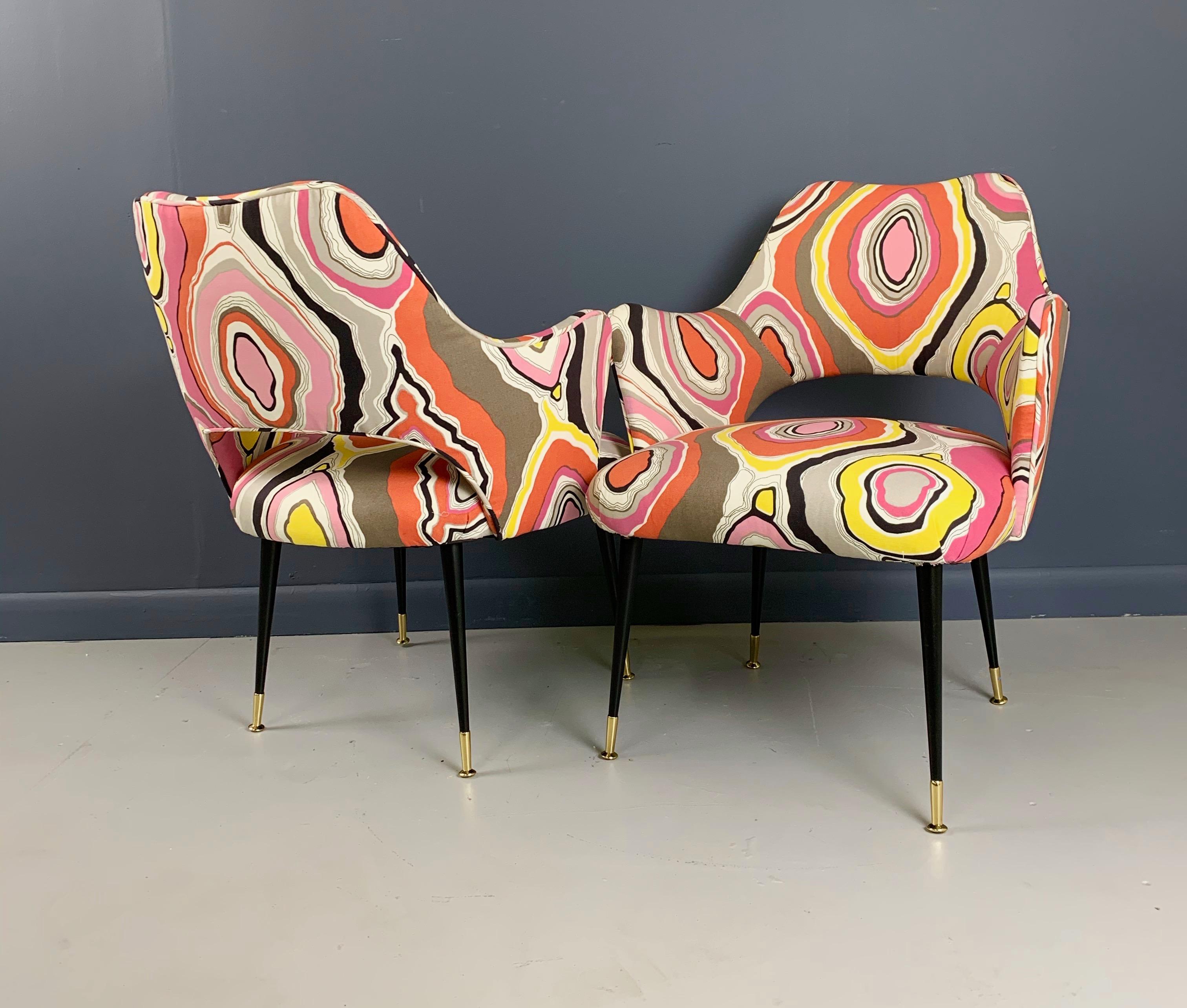 European Mid-Century Italian Armchairs with Pucci Style fabric and Brass Feet a Pair