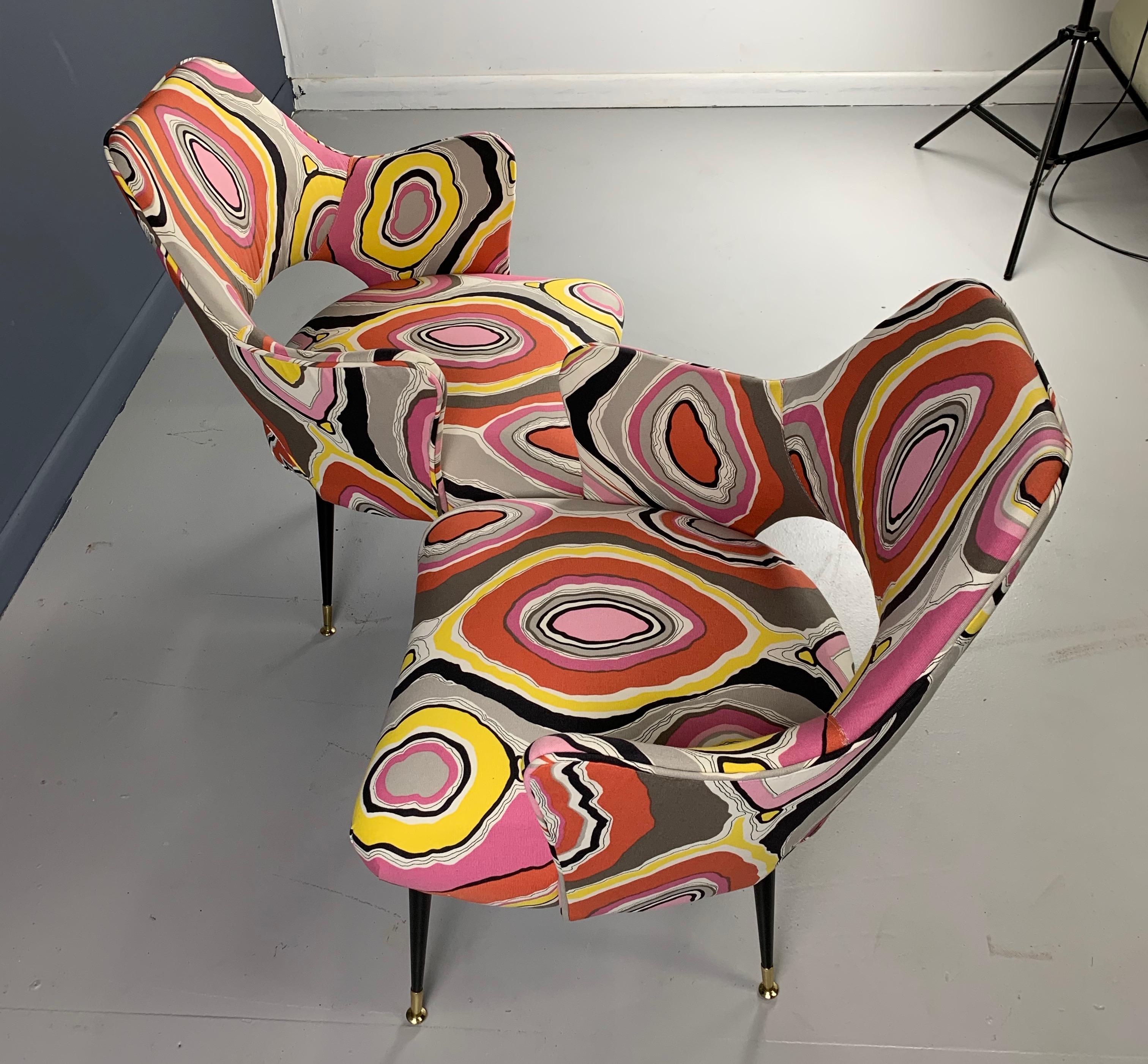 Mid-Century Italian Armchairs with Pucci Style fabric and Brass Feet a Pair In Good Condition In Philadelphia, PA