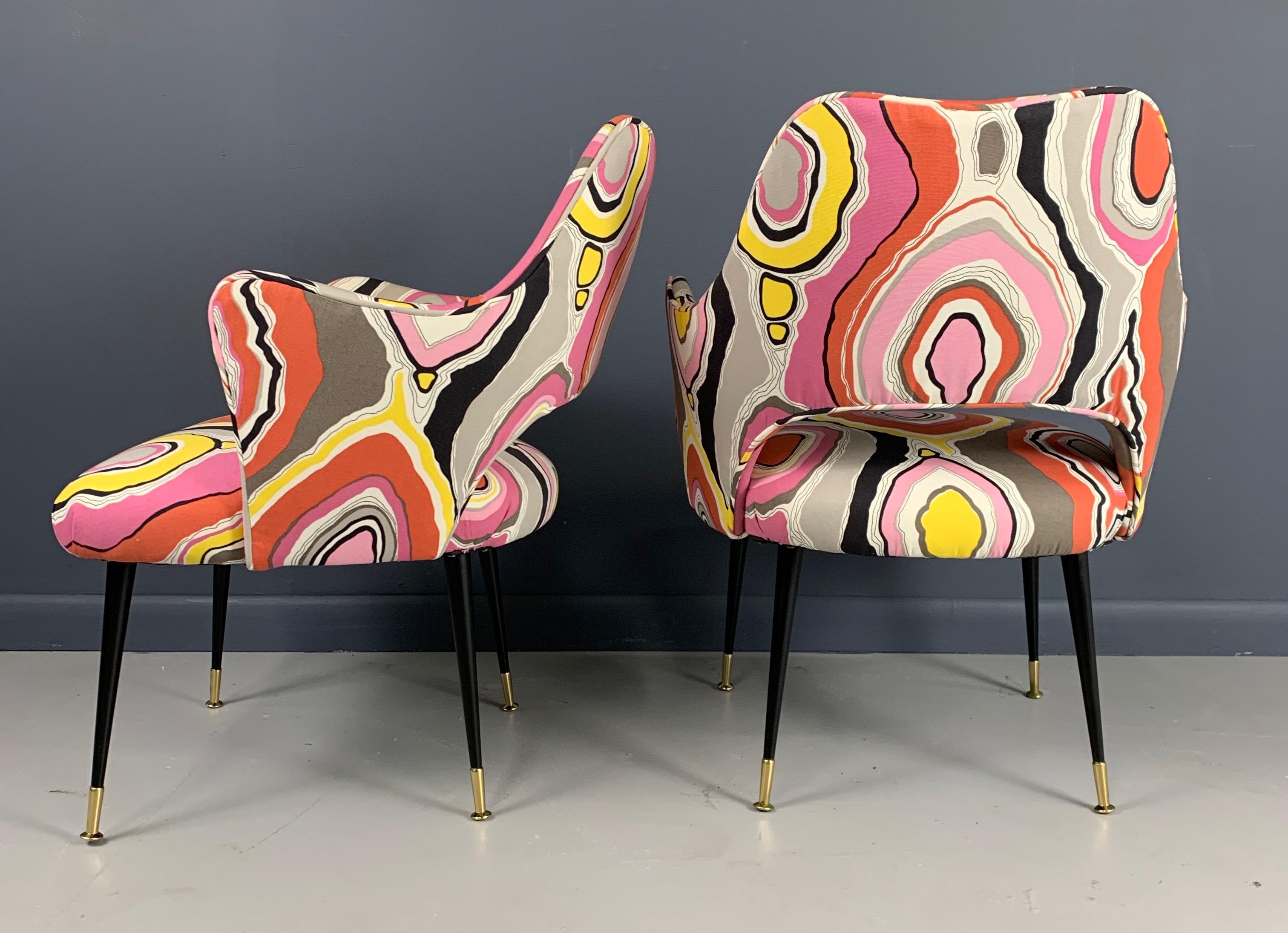 20th Century Mid-Century Italian Armchairs with Pucci Style fabric and Brass Feet a Pair