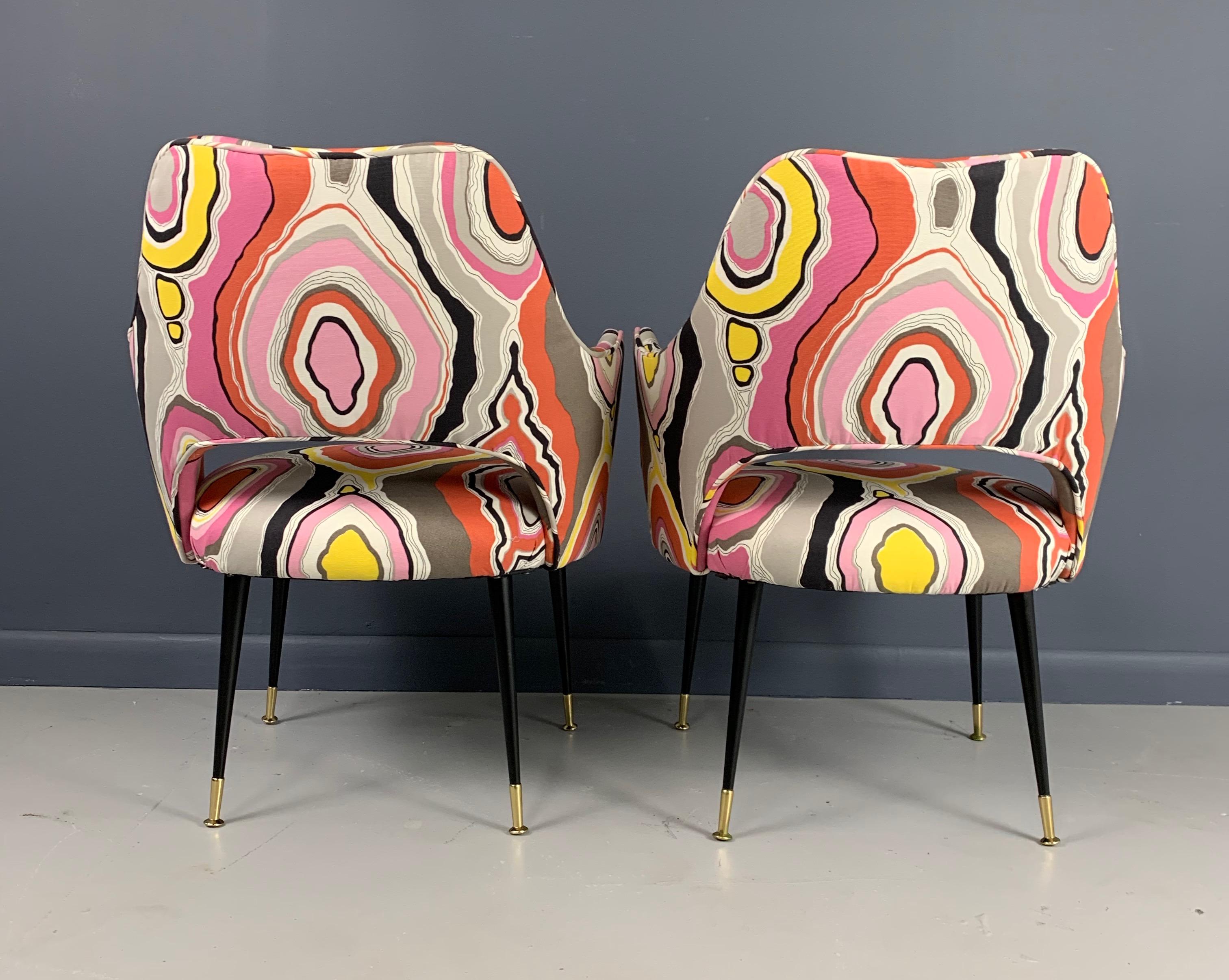 Upholstery Mid-Century Italian Armchairs with Pucci Style fabric and Brass Feet a Pair