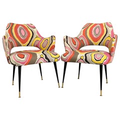 Mid-Century Italian Armchairs with Pucci Style fabric and Brass Feet a Pair