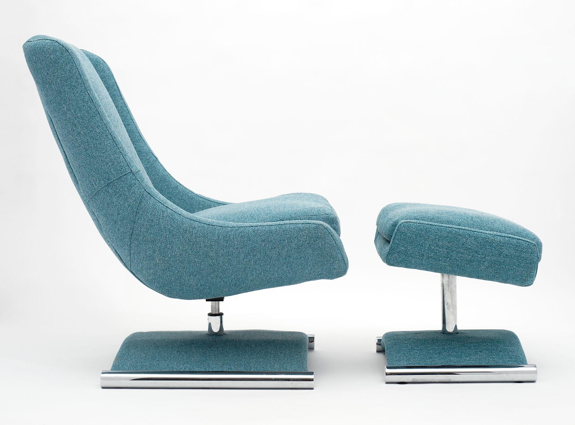 Armchair and ottoman from the Italian modernist period. The intact chrome base on the armchair swivels. This pair has been newly upholstered in a turquoise chenille blend. The measurements listed are for the armchair, the measurements for the