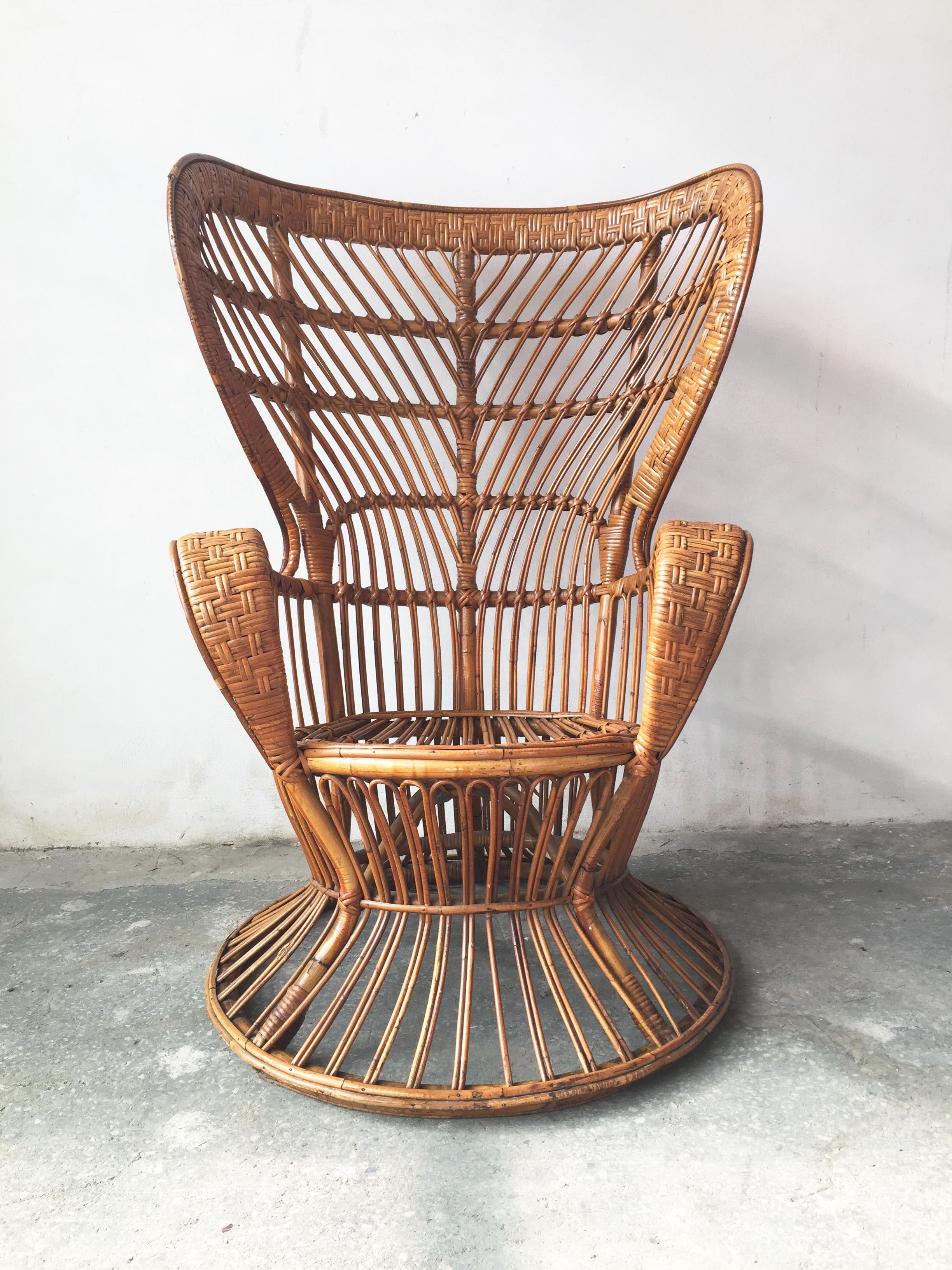 Mid-20th Century Italian Armchair by Lio Carminati in Rattan & Bamboo Cane, Casa & Giardino 1950s For Sale