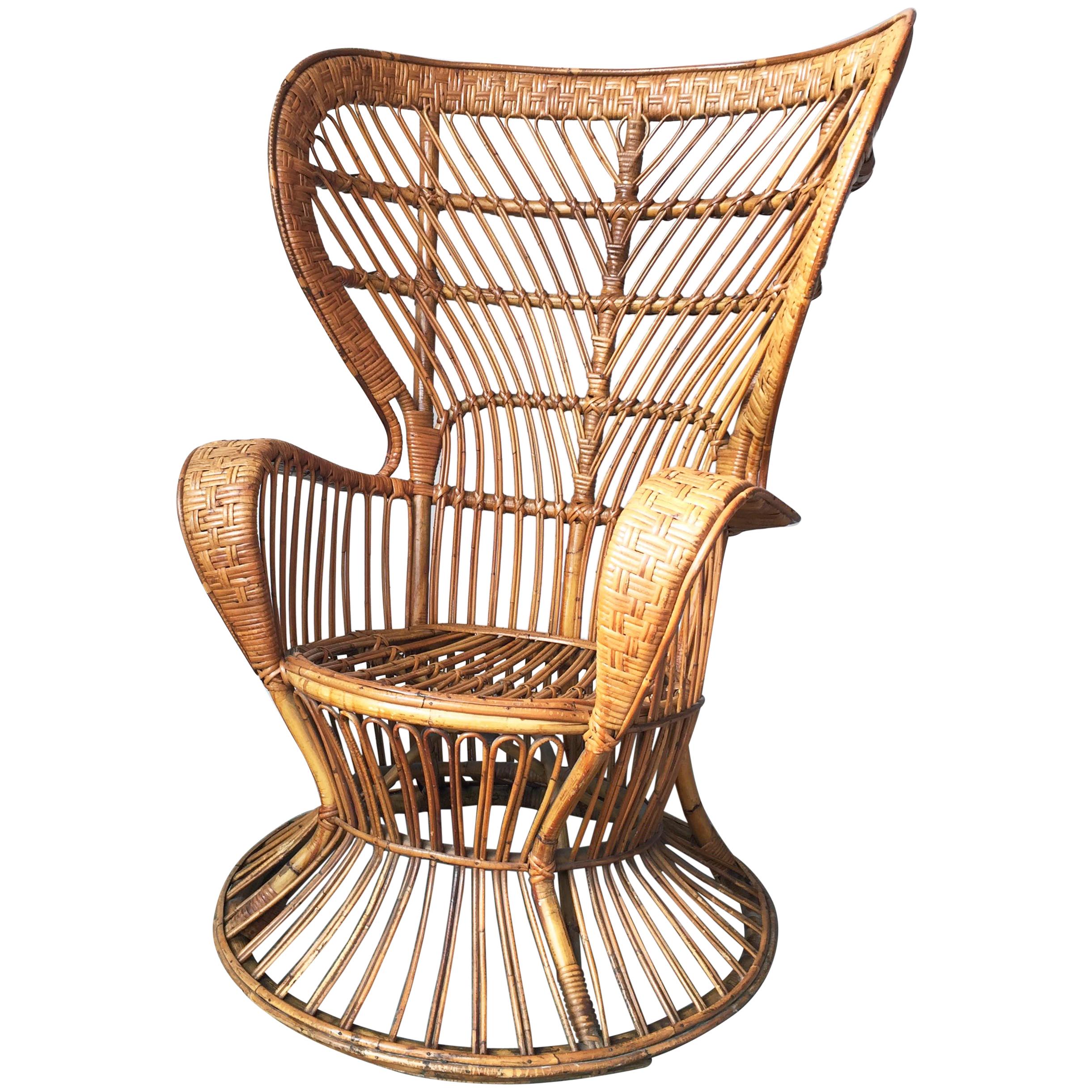 Italian Armchair by Lio Carminati in Rattan & Bamboo Cane, Casa & Giardino 1950s For Sale