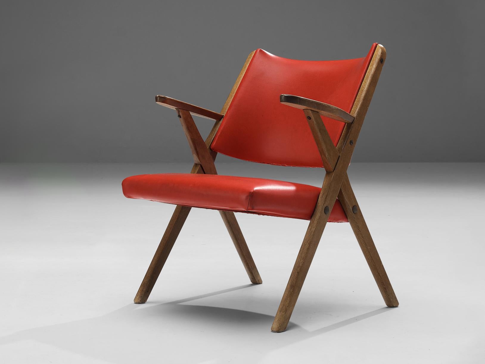 Armchair, beech, faux leather, Italy, 1950s

Easy chair designed in Italy. The influence of Ponti’s philosophy and the Italian modern movement is very noticeable in this chair. This is for instance discernible in the armrests and the open,