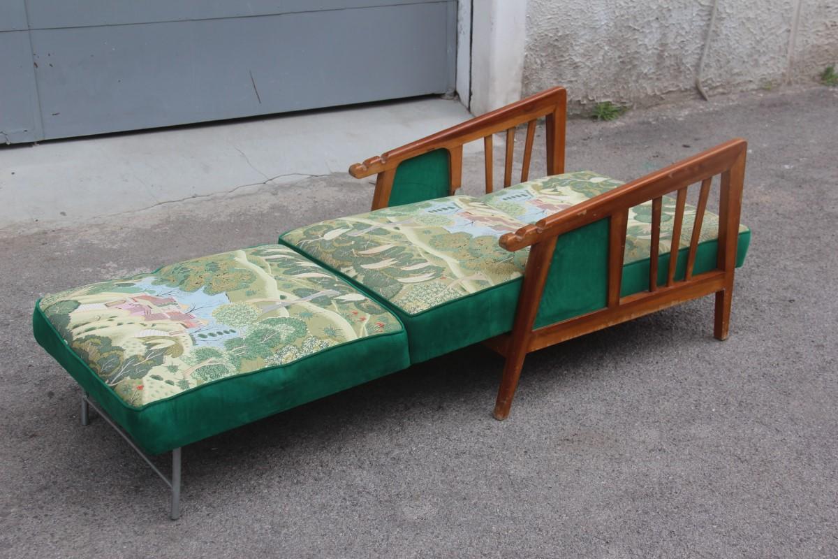 Italian Armchair in Green Walnut in 1940 Silk Flowers Orient Turns Into a Bed For Sale 4