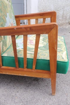 Italian Armchair in Green Walnut in 1940 Silk Flowers Orient Turns Into a Bed