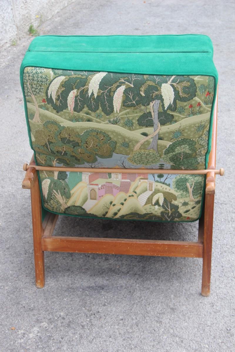 Italian Armchair in Green Walnut in 1940 Silk Flowers Orient Turns Into a Bed For Sale 1
