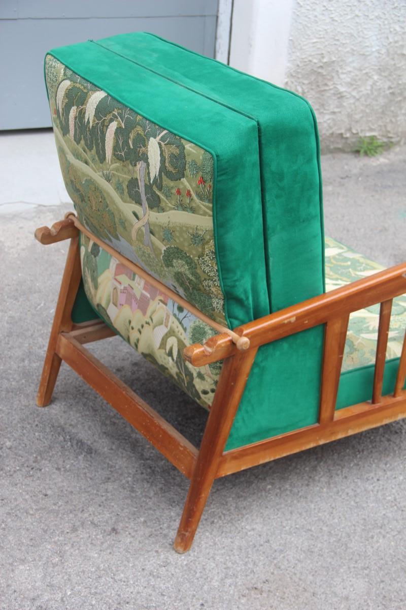 Italian Armchair in Green Walnut in 1940 Silk Flowers Orient Turns Into a Bed For Sale 2