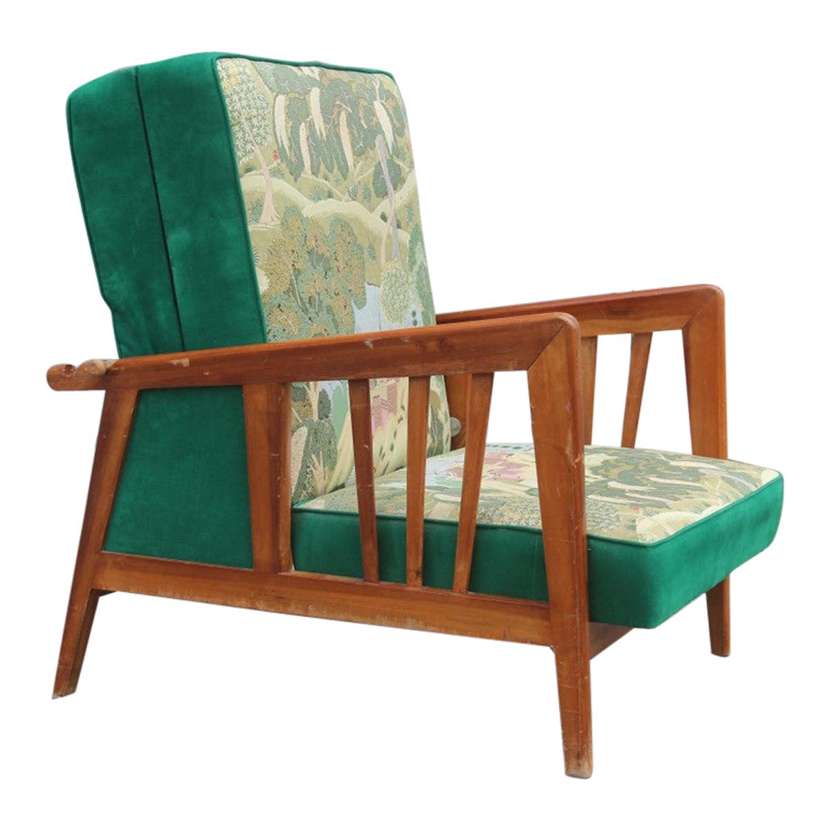 Italian Armchair in Green Walnut in 1940 Silk Flowers Orient Turns Into a Bed For Sale